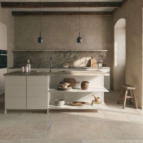 Natural stone effect tiles Beige Flooring Kitchen, Kitchen Floor Stone, Beige Floor Kitchen Ideas, Earthy Floor Tiles, Sand Floor Tiles, Venetian Plaster Walls Kitchen, Small Apartment Flooring, Large Tiles Kitchen, Beige Stone Kitchen