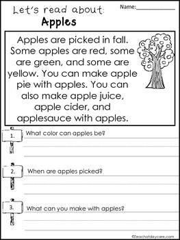 4 Fall themed Reading Comprehension No Prep Worksheetsin a PDF download.Here is what you get!    3 Fall themed Reading Comprehension No Prep WorksheetsPrints a total of 3 pages.Designed by the owner of Teach At Daycare in Arkansas City Kansas.  Use a combination of our many educational games and worksheets to teach young children in a daycare or homeschool setting.Please see our many other items in our store. We always have single themed educational games and full curriculum sets. Apple Reading Comprehension, Fall School Worksheets, Fall Homeschool Activities 1st Grade, Fall First Grade Activities, 2nd Grade Fall Activities, November Homeschool Ideas, Fall Homeschool Activities, October Worksheets, Fall Preschool Worksheets