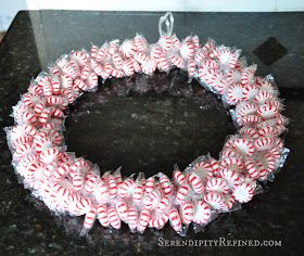 Serendipity Refined Blog: DIY Holiday Peppermint Wreath: Dollar Tree Craft Candy Wreath Diy, Peppermint Wreath, Candy Cane Crafts, Candy Wreath, Easy Christmas Crafts, Easy Christmas Diy, Peppermint Candy, Christmas Party Decorations, Tree Crafts