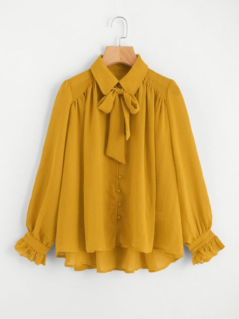 Bow Tie Neck Dip Hem Frill Blouse | SHEIN Pani Puri, Frill Blouse, Fashion Tops Blouse, Sleeves Designs For Dresses, Trendy Fashion Tops, Stylish Dresses For Girls, Fashion Attire, Designs For Dresses, Stylish Dress Designs