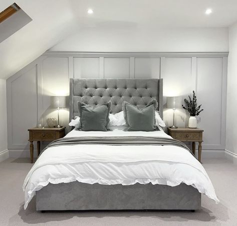 Bedroom Panelling, Sage Bedroom, Feature Wall Bedroom, Bedroom Reveal, Loft Room, Grey Bedroom, Bedroom Panel, Dream Room Inspiration, Room Makeover Bedroom