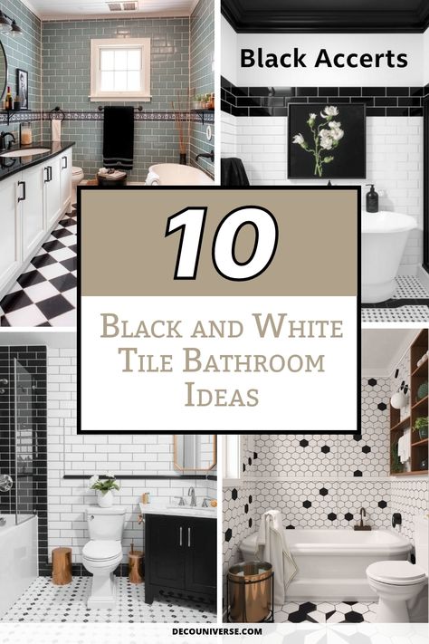 Revamp your bathroom with timeless elegance using black and white tiles! Discover 10 stunning bathroom ideas that blend style and functionality, from classic checkerboard patterns to modern mosaics. Elevate your space with bold graphic designs or textured accents, creating a chic sanctuary that reflects your unique taste. Transform daily routines into elegant experiences! Bathroom Black Grout White Tiles, Black And White Quartz Countertops Bathroom, Farmhouse Bathroom With Black Floor, Black And White Tile With Black Grout, Black And White Shower Floor Tile, White Subway Tile With Black Grout Bathroom, Small Bathroom Remodel Black And White, Simple Bathroom Tiles Design Ideas, Bathrooms With Black And White Floors