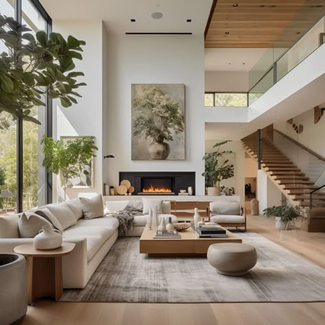 La Living Room, Sustainable Living Room, American Interior Design, La Living, American Living Room, High Ceiling Living Room, Contemporary Lounge, Luxury Sustainable, Modern Minimalist Living Room