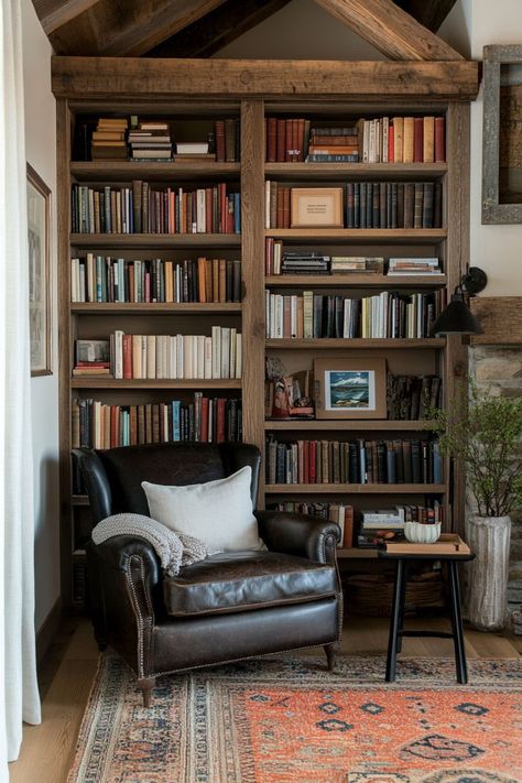 Mini Library Small Spaces, Bookshelves Aesthetic, Brown Bookshelves, Cozy Office Space, Cozy Home Library, Bookshelf Inspiration, Cozy Library, Cozy Desk, Cozy Office