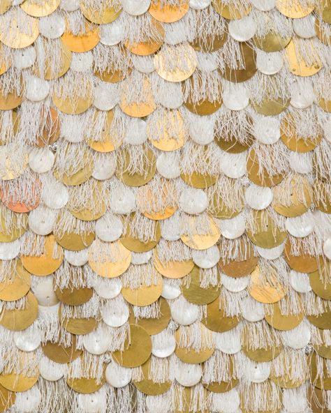 Hand-embroidered design featuring mother of pearl and metal discs, softened by layers of silk threads. #motherofpearl #fabric #embroidery #brass #fameedkhalique Fameed Khalique, Metal Embroidery, Wilcom Embroidery, Crystal Embroidery, Pearl Embroidery, Mood Images, Beadwork Embroidery, Lifestyle Accessories, Couture Embroidery