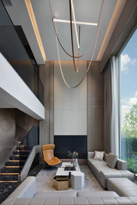 Double Height Living Room Fireplace, High Ceiling Living Room Modern, Double Height Living Room, Austin Interior Design, Home Interior Ideas, High Ceiling Living Room, Drawing Room Interior, Modern Living Room Design, Modern Living Room Interior