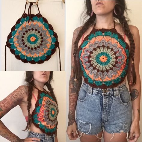 Crochet Mandala Top, Crochet Open Stitch, Yarn Clothes, Boho Crochet Patterns, Mandala Crochet, Crochet Tank Tops, Crochet Boho Top, Crochet Halter Top, Crochet Bra