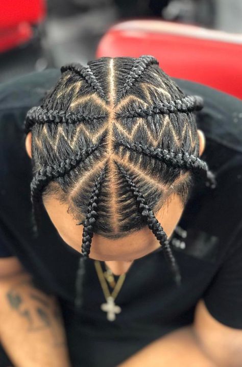 This style is also a box braid, except the pattern changes into a crown with spider braids. You have one straight line intersected with diagonal braids to make it look like the body of a spider. The legs are made in box braid style. Cornrows Men, Men's Braids, Male Braids, Boys Braids, Man Braids, Cornrow Styles For Men, Braids With Fade, S Braids, Boy Braids