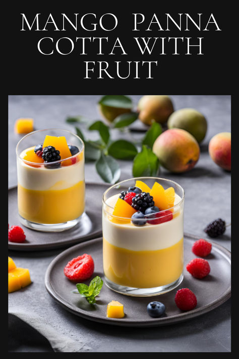 Treat yourself to a tropical delight with this Mango Panna Cotta topped with fresh fruit! . Easy to make and sure to impress!  Ingredients:  1 cup mango puree 1 cup heavy cream 1/4 cup sugar 1 tsp vanilla extract 1 packet unflavored gelatin Fresh fruit (berries, kiwi, or mango chunks)  Instructions:  Bloom gelatin in water, heat cream with sugar, and stir in gelatin until dissolved.  Add mango puree and vanilla.  Pour into cups, chill, and garnish with fresh fruit. Mango Panna Cotta, Fruit Berries, Mango Chunks, Unflavored Gelatin, Mango Puree, Heavy Cream, Fresh Fruit, Treat Yourself, 1 Cup