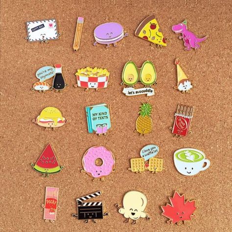 Enamel Pins by Queenie’s Cards Kawaii Pins, Cute Enamel Pins, Pins Badge Display, Teen Stuff, Pin Display, Enamel Pin Collection, Stationery School, Buy List, Pin Design