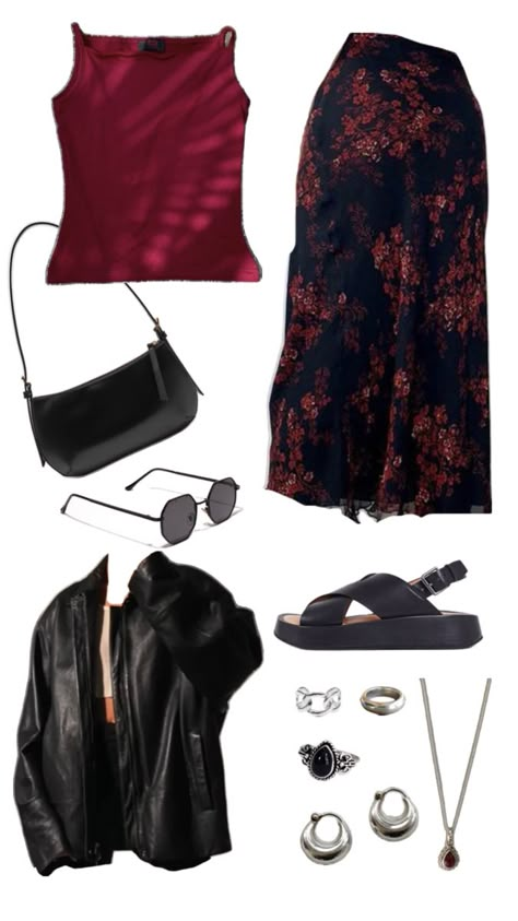 Collage with dark oversized leather jacket, burgundy high neck top, maxi flowy floral printed skirt, structured black tote bag, black octagonal metal frame sunglasses, chunky black sandals and a mix of silver jewelry Whimsy Fashion, Closet Rebuild, Simple Goth Outfit, Summer Fall Outfit, Summer Autumn Outfit, Goth Outfit Inspo, Goth 90s, Goth Outfit, Fall 24