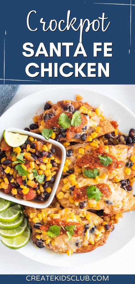 Crockpot Santa Fe Chicken is a slow cooker meal that cooks while you’re out and is a complete meal ready to serve. Serve chicken breasts topped with cheese and salsa with the corn and bean mixture on the side or shred the chicken and serve all together over a bed of rice or with crushed tortilla chips. This crockpot chicken recipe has all the flavor you could imagine! A gluten-free dish that can easily be made dairy-free too. Crockpot Santa Fe Chicken, Chicken Breast Recipes Slow Cooker, Chicken And Rice Crockpot, Crockpot Mexican Chicken, Gluten Free Crock Pot Recipes, Santa Fe Chicken, Chicken Breast Slow Cooker, Beans In Crockpot, Slow Cooker Meal