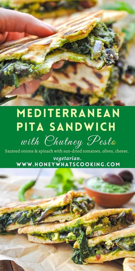 Mediterranean Pita Sandwich with Chutney Pesto - pitasandwich, chutneypesto Mediterranean Pesto, Mediterranean Pita, Mediterranean Food List, Pita Sandwich, Gluten Free Pita, Free From Recipes, Greek Salads, Vegetarian Sandwiches, Indian Dinner Recipes