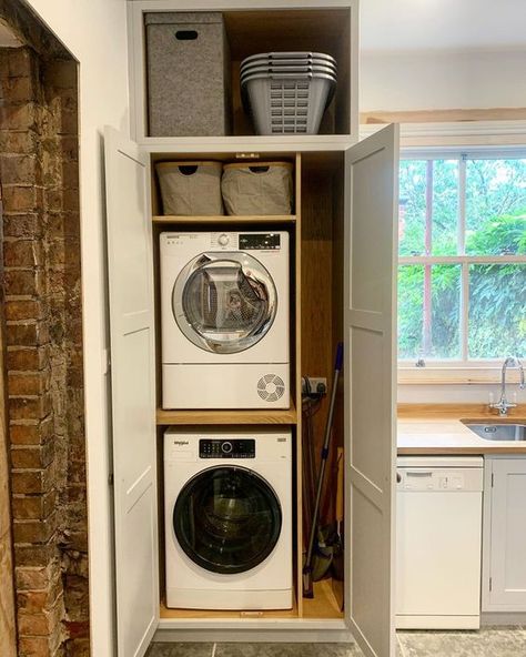 Laundry Room European, Hidden Utility Cupboard, Small Laundry Cupboard Ideas, Small Utility Room With Toilet, Laundry Cupboard Ideas, Small Utility Room Ideas, Small Washer And Dryer, Hidden Utility, Laundry In Kitchen