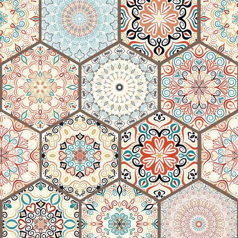 Bohemian Tiles, Stile Boho Chic, Boho Chique, Mandala Boho, Hexagon Tile, Tuscan Design, Boho Wallpaper, Hexagon Design, Chic Pattern