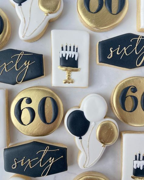 I just love these colors! . . . . . #60thbirthday #60thbirthdaycookies #goldcookies #ballooncookies #cakecookies #birthdaycookies… | Instagram 60th Birthday Biscuits, 60th Cookies Birthday For Men, Cookies For Dads Birthday, Sixty Birthday Cookies, Cookies 70th Birthday, 60th Birthday Party Cookies, Cheers To 60 Years Cookies, 90th Birthday Cookies For Men, Birthday Cookies For Adults