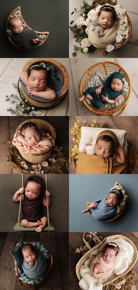 Best newborn props for professional photoshoots, including a moon bowl, papasan chair, bucket, swing, and basket. Peacock Chair Newborn Photoshoot, Props For Newborn Photoshoot, Newborn Photo Shoot Set Up, New Born Baby Diy Photoshoot, Infants Photoshoot, Newborn Photography Beanbag, Newborn Photography Prop Ideas, Cradle Photoshoot, Newborn Photography Bed Prop