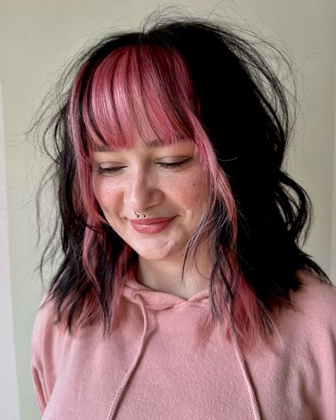 💞💓💕 @guytang_mydentity #pink #pinkhair #peekaboohair #peekaboohighlights #pastelhair #pastelpink #pastelaesthetic #twotonedhair #phillyhairstylist #phillyhair #phillyhairsalon #guytang #guytangmydentity #hairbesties #shag #shaghaircut Pink Money Piece Hair With Bangs, Pink Front Pieces Hair, Pink Shag Hair, Money Piece With Bangs, Pink Money Piece, Guytang Mydentity, Pink Money, Edgy Hair Color, Two Toned Hair