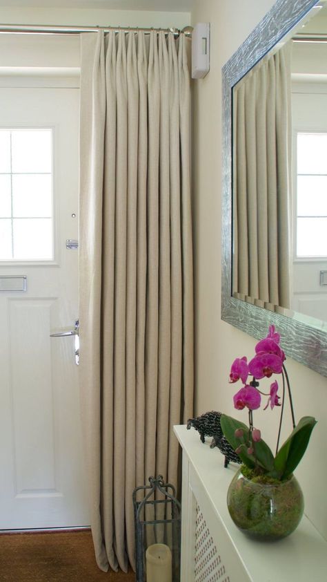 Euro pleat door curtain in soft neutral wool by Number EightyOne Bespoke Upholstery Beadboard Hallway, Hallway Curtains, Hall Curtains, Front Door Curtains, Black Hallway, Bedroom Decor For Small Rooms, Double Doors Interior, Door Coverings, Curtains And Blinds