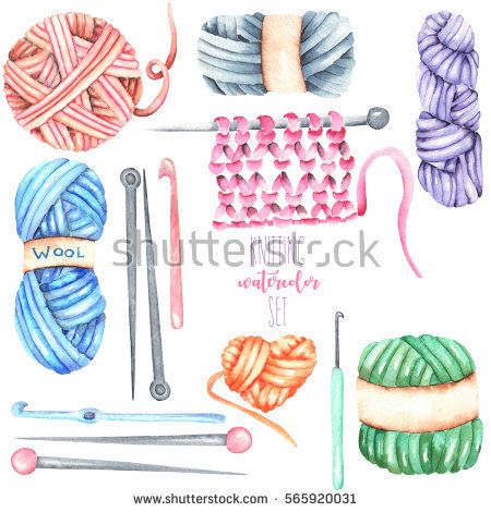 Set, collection with watercolor knitting elements: yarn, knitting needles and crochet hooks; hand drawn isolated on a white background Purple Bow Tie, Yarn Skein, Purple Bows, Project Planner, Knitting And Crochet, Bullet Journal Doodles, Drawing Set, Free Illustrations, Knitting Inspiration