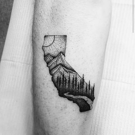 The state of California, looking perfect, by Thomas Eckeard (via IG—thomasetattoos) #dotwork #pointillism #blacktattoo #thomaseckeard #nature #natureinspired | Nov 24th 2016 | 283859 California State Tattoos, State Tattoos, State Of California, Explore Tattoo, Mountain Silhouette, Silhouette Tattoos, Book Tattoo, Inspiration Photo, California State