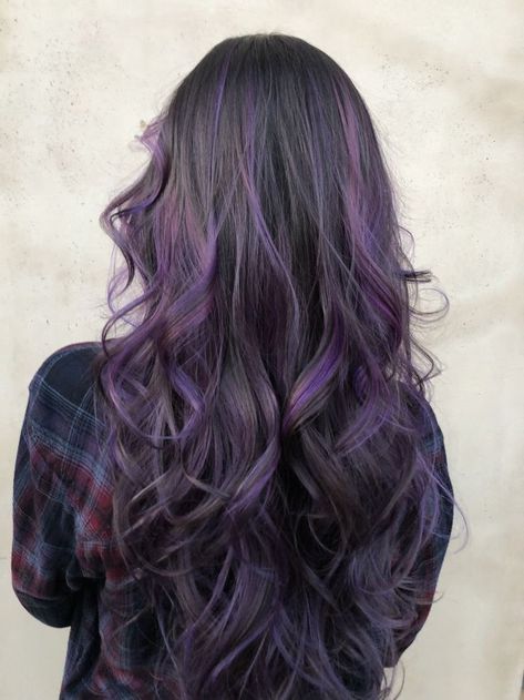 Purple And Black Balayage Hair, Brown Hair And Purple Highlights, Purple Low Lights Brown Hair, Purple Highlights Black Hair Curly Hair, Purple Streak In Brown Hair, Purple Highlights Black Hair, Light Purple Highlights, Purple Peekaboo Highlights, Purple Highlights Brown Hair