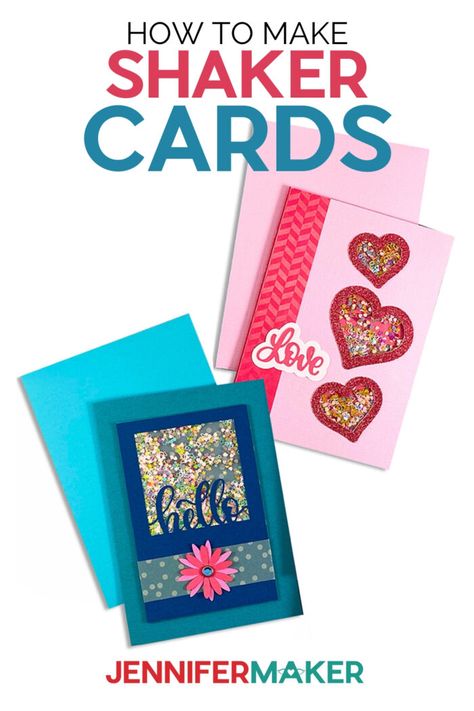 Learn how to use your Cricut to make a Hello and Love Shaker Card Cricut Valentine Ideas, Shaker Cards Tutorial, Jennifer Maker, Hello Cards, Paper Butterfly, Cricut Cards, Glitter Diy, Paper Heart, Card Tutorial