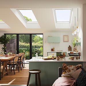 Velux Windows Kitchen, Velux Skylights Kitchen, Skylight Living Room, Flat Roof Skylights, Roof Skylight, Vaulted Ceiling Living Room, Skylight Kitchen, Velux Skylights, House Redesign