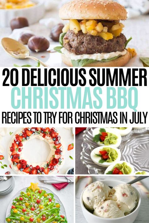 collage of Christmas BBQ dishes with caption 20 delicious summer Christmas bbq recipes to try for Christmas in July Summer Christmas Lunch Ideas, Christmas Bbq Food, Summer Christmas Ideas, Bbq Christmas Dinner, Christmas In July Appetizers, Christmas In July Recipes, Christmas In July Party Ideas Food, Christmas In July Food Ideas, Christmas In July Food