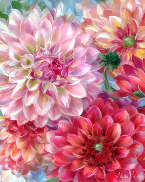 Dahlia Love | large florals Coral Charm Peony, Cloud Canvas, Peony Painting, Diamond Paint, Time Painting, Acrylic Artwork, Dahlia Flower, Detail Art, Small Paintings