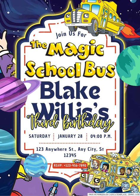 FREE Editable The Magic School Bus Birthday Invitations School Bus Birthday Party, School Bus Birthday, Bus Birthday Party, School Bus Party, The Magic School Bus, Baby Birthday Invitations, Planning A Birthday Party, Magic School Bus, Magic School