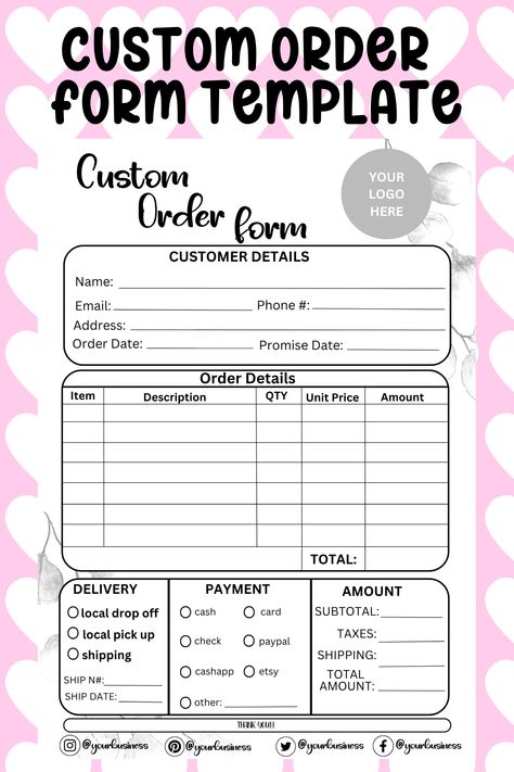 Special Order Form Template, Craft Order Form Template Free, Order Form Template Free Printable Craft, Bakery Order Form Free Printable, Custom Order Form Template Free, Order Form Template Free Printable, Florist Business Plan, Cake Order Form, Craft Fair Vendor