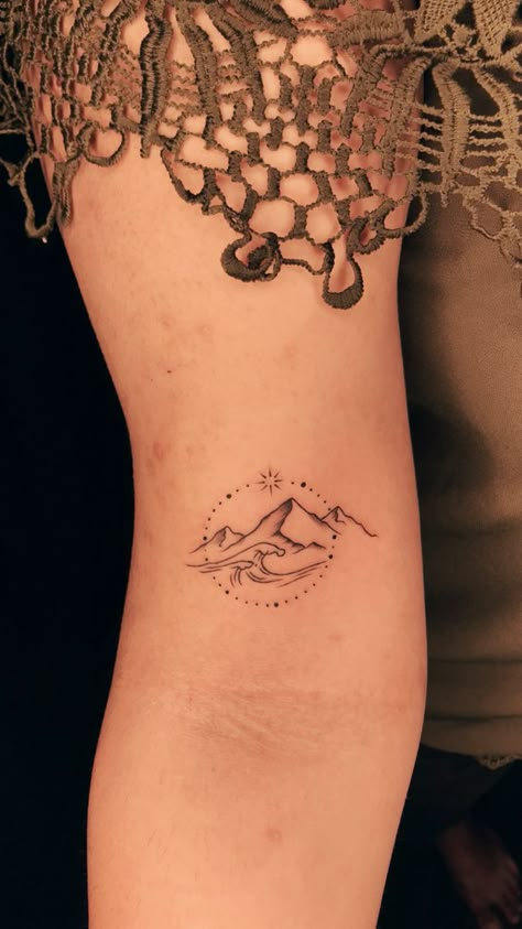 Waves Mountain Sun Tattoo, Mountain Meets Ocean Tattoo, Mountain Water Tattoo Simple, Ocean Meets Mountains Tattoo, Mountains Beach Tattoo, Hawaii Mountain Tattoo, Mountain And Sea Tattoo Simple, Mountain To Ocean Tattoo, Mountain Waves Tattoo