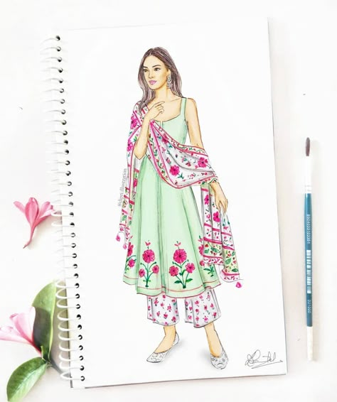 Dipti Patel Illustration on Instagram: “Pretty pink florals to brighten up your rainy days 🌷🌸 Love these bright motifs on a pastel green kurta with a printed dupatta! What's your…” Sketches Indian, Dress Illustration, Fashion Drawing Tutorial, Dress Design Drawing, Fashion Illustration Sketches Dresses, Fashion Sketches Dresses, Salwar Kamiz, Fashion Drawing Dresses, Sketches Dresses