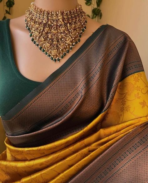 Golden Saree With Green Blouse, Yellow With Green Silk Saree, Yellow Saree With Green Blouse, Copper Border Saree, Yellow Green Saree, Yellow Saree With Contrast Blouse, Green And Yellow Saree, Golden Yellow Saree, Bottle Green Blouse