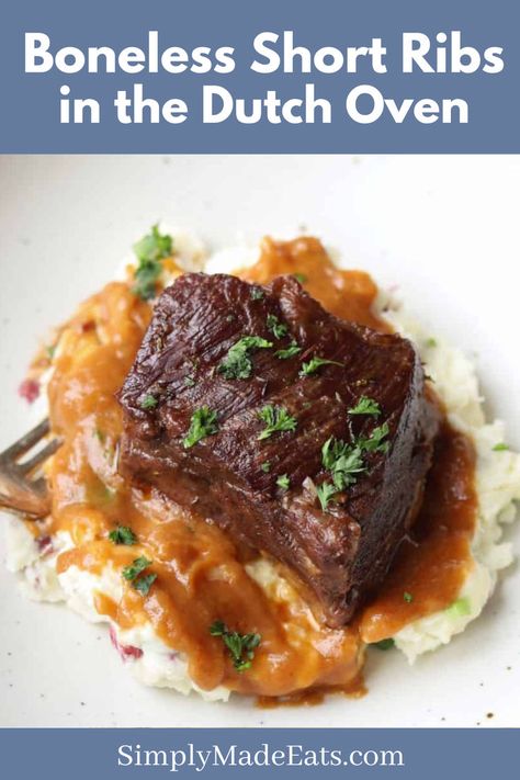 Boneless beef short ribs over mashed potatoes. Boneless Beef Short Ribs Oven, Beef Short Ribs Oven, Ribs Oven Baked, Boneless Beef Short Ribs, Beef Short Ribs, Pull Apart, Short Ribs, Dutch Oven, Oven Baked