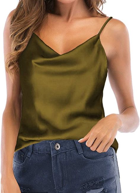 TOUTOUAI Women's Cowl Neck Camis Satin Tank Top Camisoles Blouses (Army Green, US 12) at Amazon Women’s Clothing store Cowl Neck Tank Top, Cowl Neck Cami, Satin Tank Top, Satin Camisole, Fashion Tape, Tank Top Camisole, Satin Top, Comfortable Tops, Running Tops