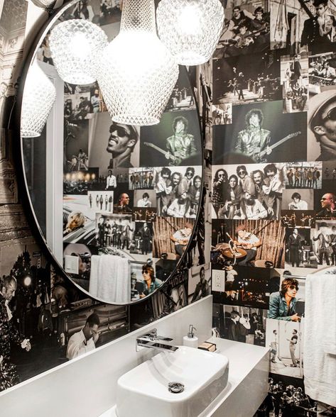 Wallpaper In House, Rock And Roll Wallpaper, Artistic Bathroom, Designer Homes, Powder Room Wallpaper, Hair Salon Interior, Barber Shop Decor, Decoration Restaurant, Diy House Renovations