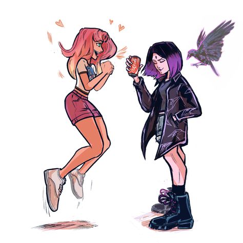 Thanks for the coke thou! Raven X Star Fanart, Starfire Titans, Starfire Costume, Fire Fanart, Titans Fanart, Starfire Dc, Anime Characters Birthdays, Eyestrain Art, Raven Fanart