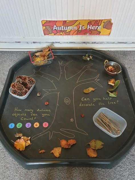 Autumn Craft Ideas Eyfs, Fall Sand Table Preschool, Fall Provocations Toddlers, Eyfs Autumn Crafts, Autumn Tuff Trays For Toddlers, Autumn Sensory Tuff Tray, Harvest Eyfs Ideas, Forest School Tuff Tray, Autumn Themed Tuff Tray