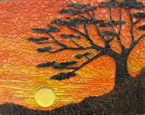 Silhouette at Sunset, made w tempered glass, eggshell & glass sun Mosaic Landscapes, Mosaic Trees, Eggshell Mosaic, Tree Mosaic, Egg Shell Art, Wall Mosaic, Shell Mosaic, Mosaic Tile Art, Mosaic Stained