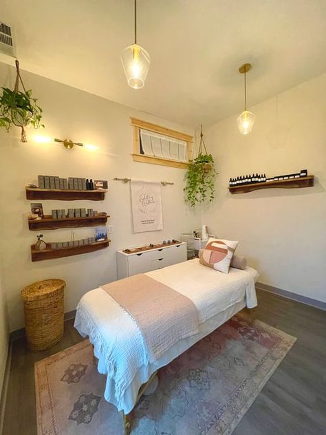 Ikea Massage Room, Massage Room Decoration, Reflexology Room Decor, Massage Room Storage, Simple Massage Room Ideas, Earth Tone Esthetician Room, Tiny Massage Room Ideas, Massage Office Design, Cozy Massage Room Ideas