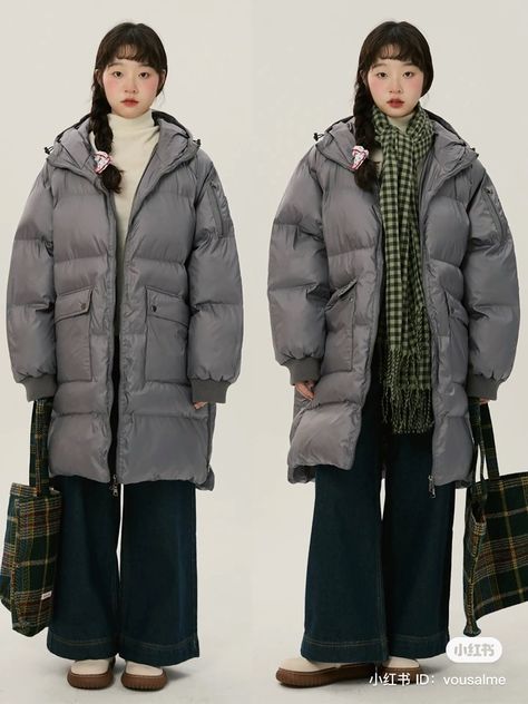 Gray Puffer Jacket Outfit, Juminocore Outfit, Puffy Coat Outfit, Long Puffer Jacket Outfit, Japan Outfit Winter, Gray Puffer Jacket, Tokyo Outfits, Girly Winter, Winter Jacket Outfits