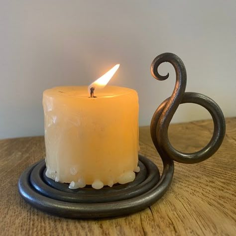 Hand Forged Candle Holder, Stick Candle Holder, Rolled Beeswax Candles, Blacksmithing Projects, Wrought Iron Candle Holders, Iron Candle Holders, Wrought Iron Candle, Church Candles, Iron Candlesticks