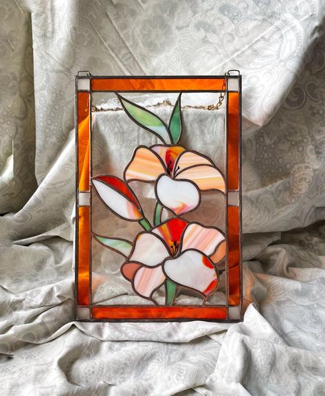 Orange Stained Glass Window, Small Stained Glass Panels, Stained Glass Wall Hanging, Stained Glass Patterns Flowers, Flower Stained Glass Patterns, Stained Glass Diy Tutorials, Orange Window, Stained Glass Painting, Stained Glass Flower