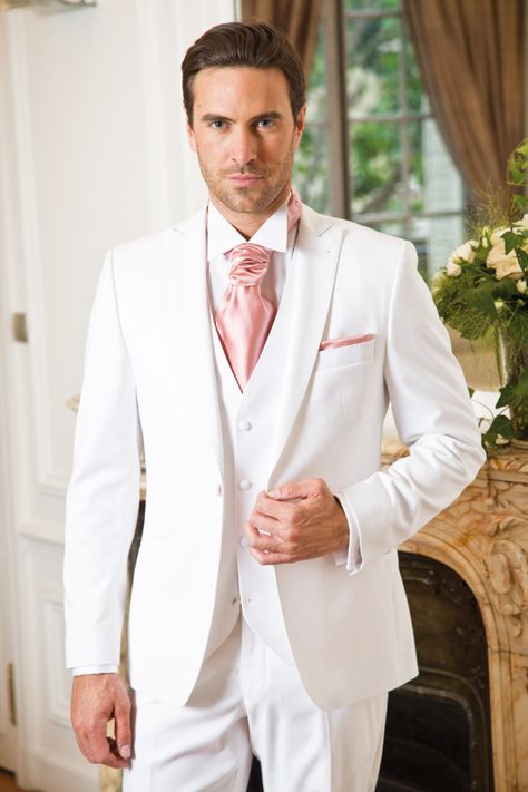 Look at this handsome hunk of groom with his pretty pink tie...yum! White Wedding Suits For Men, Groom Tuxedo Wedding, Tuxedo Wedding Suit, White Wedding Suit, Groomsmen Tuxedos, Groom Tuxedo, White Tuxedo, Weddings By Color, White Suit