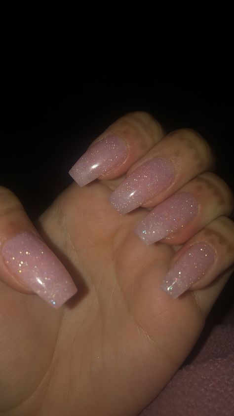 Soft Pink Nails With Glitter Sparkle, Sheer Pink Nails With Glitter, Simple Pink Glitter Nails, Natural Acrylic Nails With Glitter, Light Pink Cute Nails, Nude Sparkly Nails Acrylic, Light Glitter Pink Nails, Sparkly Simple Nails, Clear Glittery Nails