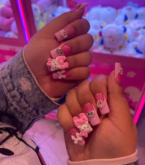 Pink Mid Length Nails, Hello Kitty Natural Nails, Acrylic Nails Hello Kitty, Short Hello Kitty Nails, Nails Mid Length, Hello Kitty Acrylic Nails, Nails Pink Acrylic, Nails Hello Kitty, Cute Almond Nails