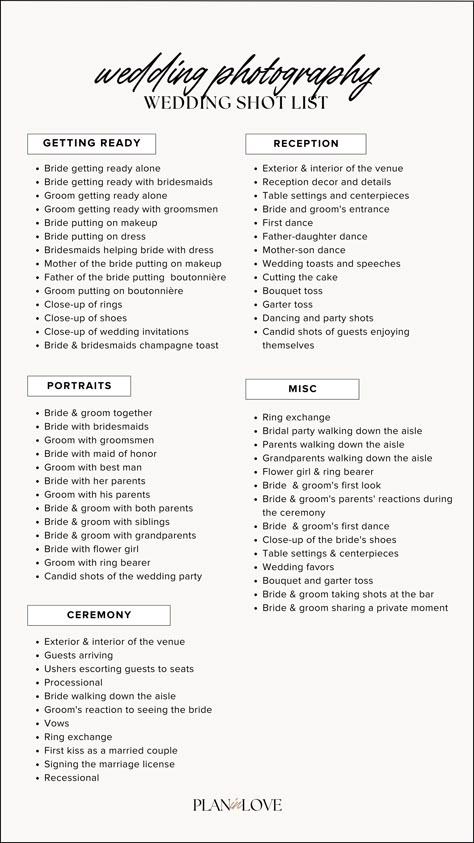 Wedding Photography Checklist: The Complete Wedding Photo Shot List - Plan In Love in 2024 | Wedding photography checklist, Wedding photos, Wedding photography list #Wedding_Photo_Idea_List #Photograph_List_For_Wedding #Shoot_List_For_Wedding #Day_Of_Pictures_Wedding Wedding Photo Idea List, Wedding Moments To Capture, Wedding Photos To Capture, Photograph List For Wedding, Shoot List For Wedding, Wedding Photo Set List, Photography List Wedding, Photography Checklist For Wedding, Wedding Day Picture List