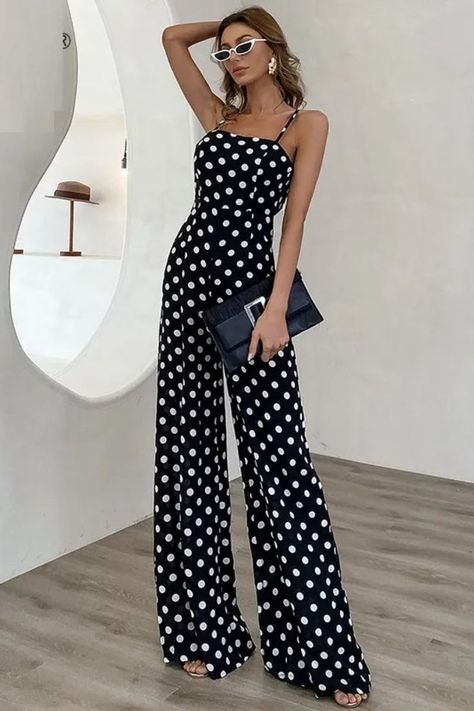 Love in Spring with this look! 😉✨⠀⠀⠀⠀ Elegant Straps Off Shoulder Dot Backness Sexy Jumpsuit Color: Black Style: Casual Pattern Type: DOT Material: Polyamide #Jumpsuits #Rompers #Sexy #Elegant #Straps #beachwear #holiday #fashion #ootd Womens Summer Jumpsuits, Elegant Rompers, Fashion Around The World, Polka Dot Jumpsuit, Stars Fashion, Cami Jumpsuit, Stylish Jumpsuit, Jumpsuit Summer, Strapless Jumpsuit